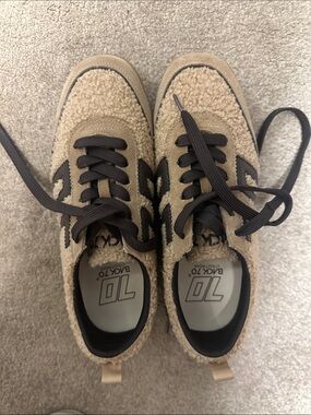 Womens Beige Sherpa Sneakers with Dark Brown Accents